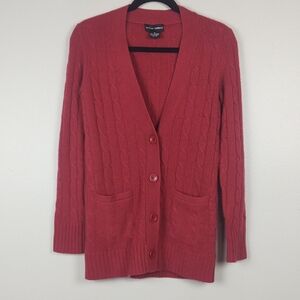 Sutton Cashmere Cardigan Cable Knit Pockets Long Quiet Luxury Academia Red XS